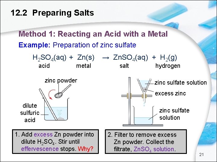 12. 2 Preparing Salts Method 1: Reacting an Acid with a Metal Example: Preparation