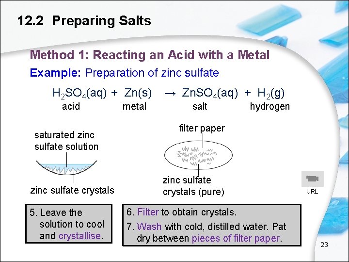 12. 2 Preparing Salts Method 1: Reacting an Acid with a Metal Example: Preparation