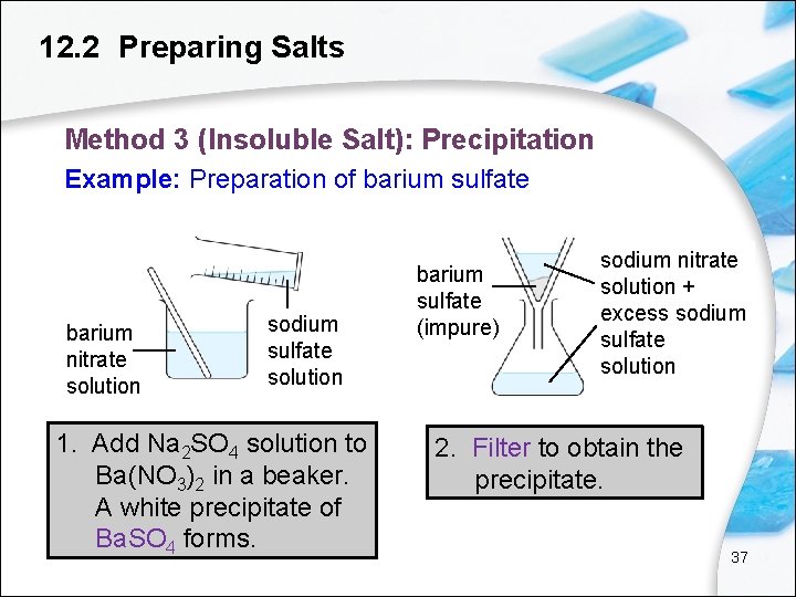 12. 2 Preparing Salts Method 3 (Insoluble Salt): Precipitation Example: Preparation of barium sulfate