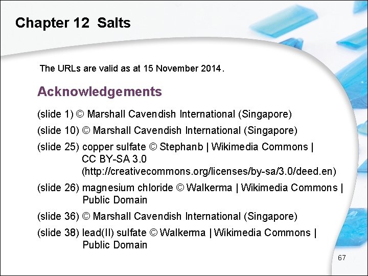 Chapter 12 Salts The URLs are valid as at 15 November 2014. Acknowledgements (slide