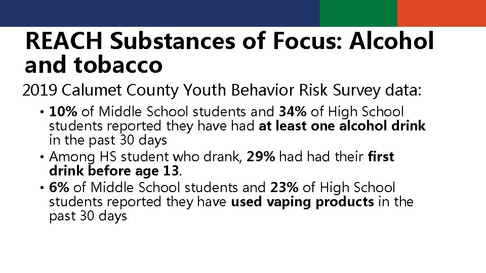 REACH Substances of Focus: Alcohol and tobacco 2019 Calumet County Youth Behavior Risk Survey