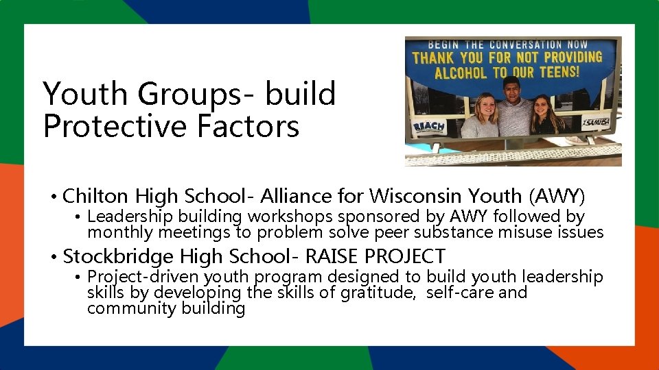 Youth Groups- build Protective Factors • Chilton High School- Alliance for Wisconsin Youth (AWY)