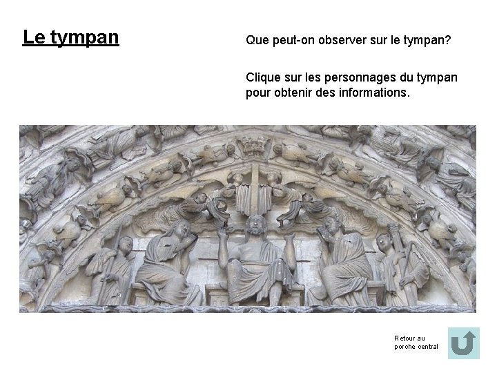 Le tympan Que peut-on observer sur le tympan? Clique sur les personnages du tympan