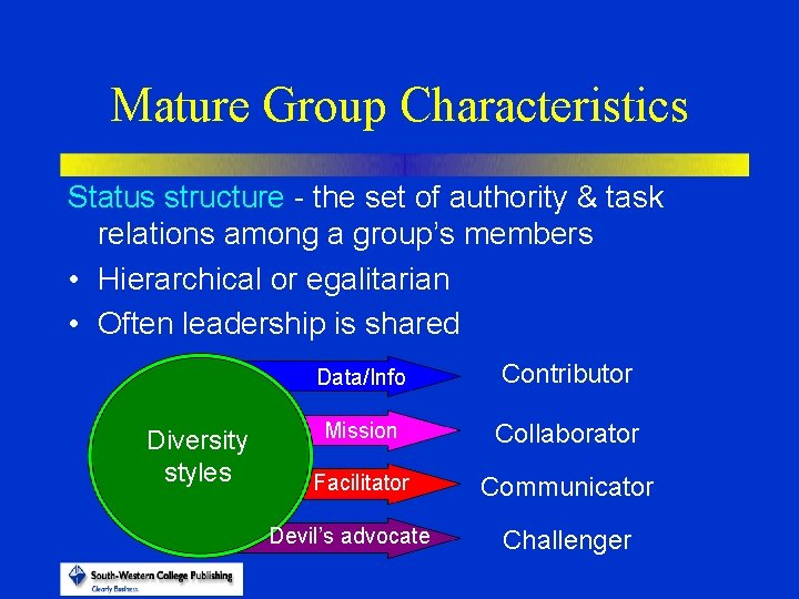 Mature Group Characteristics Status structure - the set of authority & task relations among