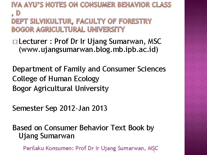 � Lecturer : Prof Dr Ir Ujang Sumarwan, MSC (www. ujangsumarwan. blog. mb. ipb.
