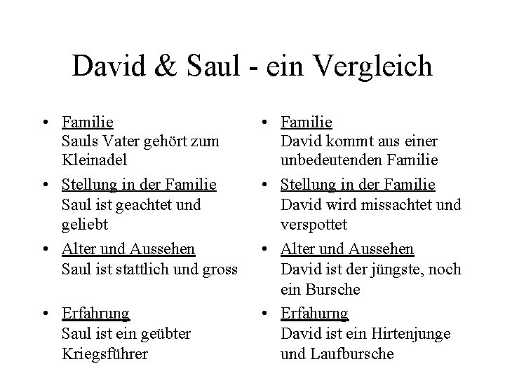 David & Saul - ein Vergleich • Familie Sauls Vater gehört zum Kleinadel •