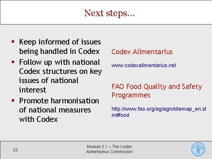 Next steps… § Keep informed of issues being handled in Codex § Follow up