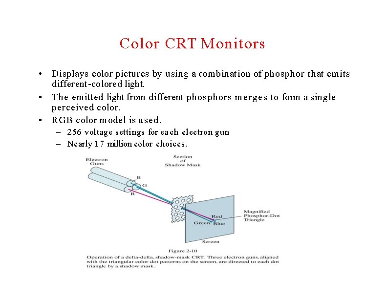 Color CRT Monitors • Displays color pictures by using a combination of phosphor that