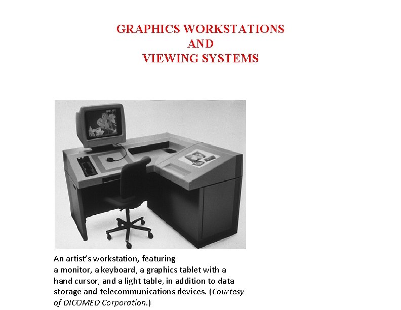 GRAPHICS WORKSTATIONS AND VIEWING SYSTEMS An artist’s workstation, featuring a monitor, a keyboard, a