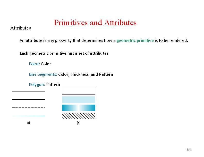 Attributes Primitives and Attributes An attribute is any property that determines how a geometric
