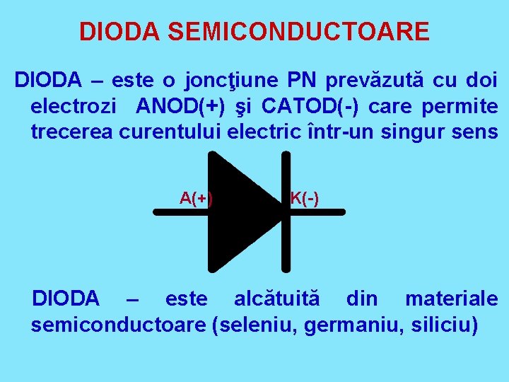 DIODA SEMICONDUCTOARE DIODA – este o joncţiune PN prevăzută cu doi electrozi ANOD(+) şi