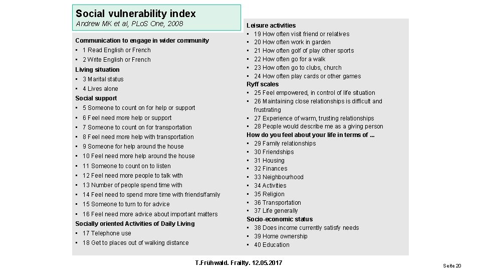 Social vulnerability index Andrew MK et al, PLo. S One, 2008 Communication to engage
