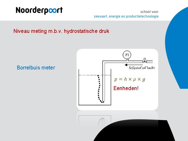 Niveau meting m. b. v. hydrostatische druk Borrelbuis meter Eenheden! Niveau meting m. b. v. hydrostatische druk Borrelbuis meter Eenheden!