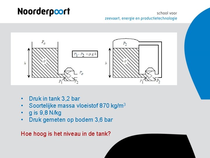 • • Druk in tank 3, 2 bar Soortelijke massa vloeistof 870 kg/m • • Druk in tank 3, 2 bar Soortelijke massa vloeistof 870 kg/m