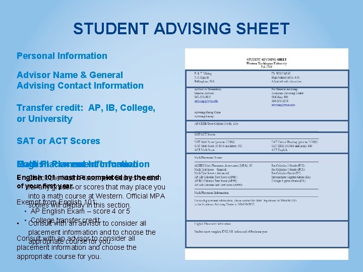 STUDENT ADVISING SHEET Personal Information Advisor Name & General Advising Contact Information Transfer credit: