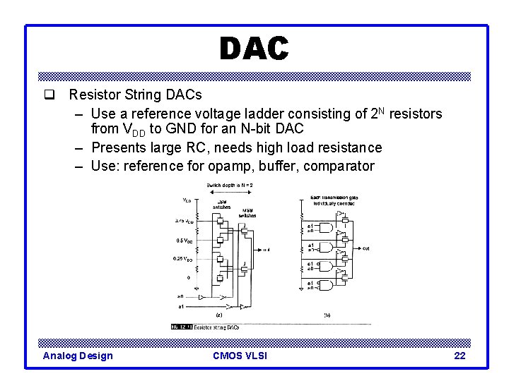 DAC q Resistor String DACs – Use a reference voltage ladder consisting of 2