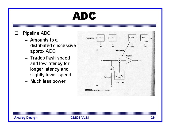 ADC q Pipeline ADC – Amounts to a distributed successive approx ADC – Trades