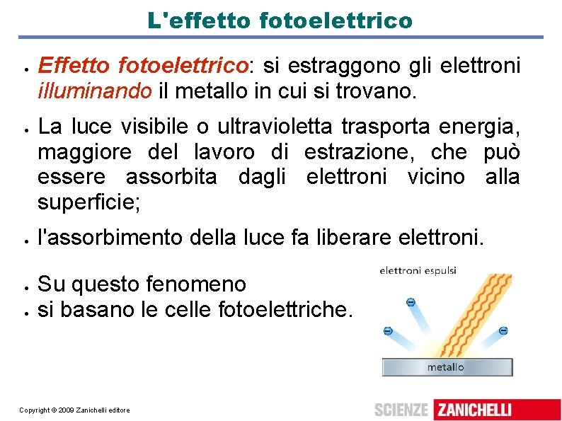 L'effetto fotoelettrico Effetto fotoelettrico: si estraggono gli elettroni illuminando il metallo in cui si