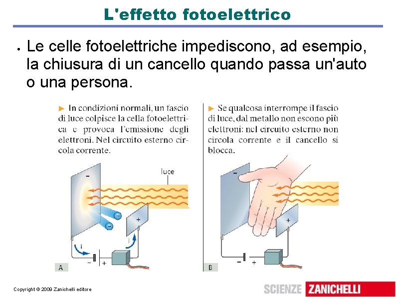 L'effetto fotoelettrico Le celle fotoelettriche impediscono, ad esempio, la chiusura di un cancello quando