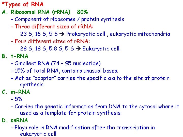 *Types of RNA A. Ribosomal RNA (r. RNA) 80% - Component of ribosomes /