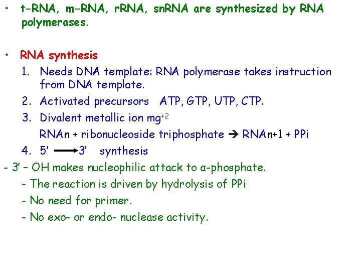  • t-RNA, m-RNA, r. RNA, sn. RNA are synthesized by RNA polymerases. •