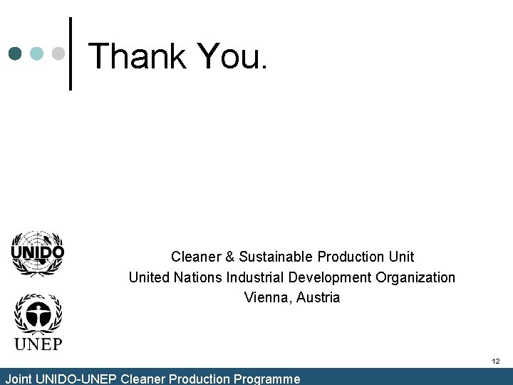 Thank You. Cleaner & Sustainable Production United Nations Industrial Development Organization Vienna, Austria 12 Thank You. Cleaner & Sustainable Production United Nations Industrial Development Organization Vienna, Austria 12