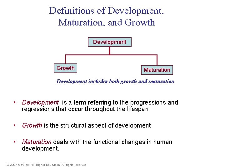 Definitions of Development, Maturation, and Growth Development Growth Maturation Development includes both growth and