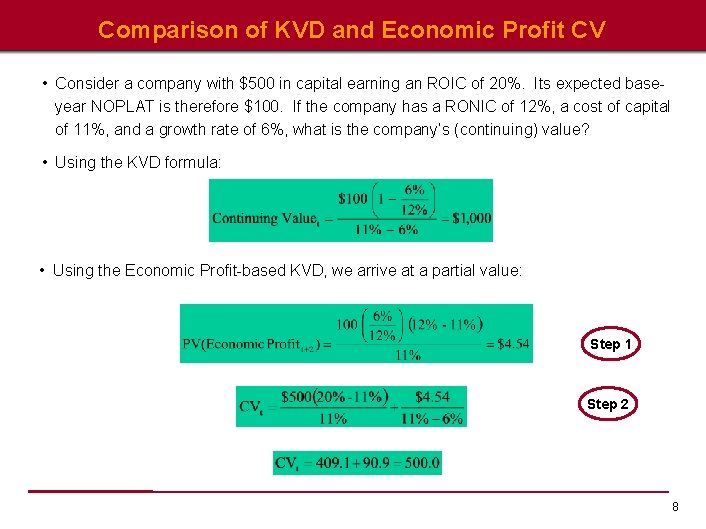 Comparison of KVD and Economic Profit CV • Consider a company with $500 in