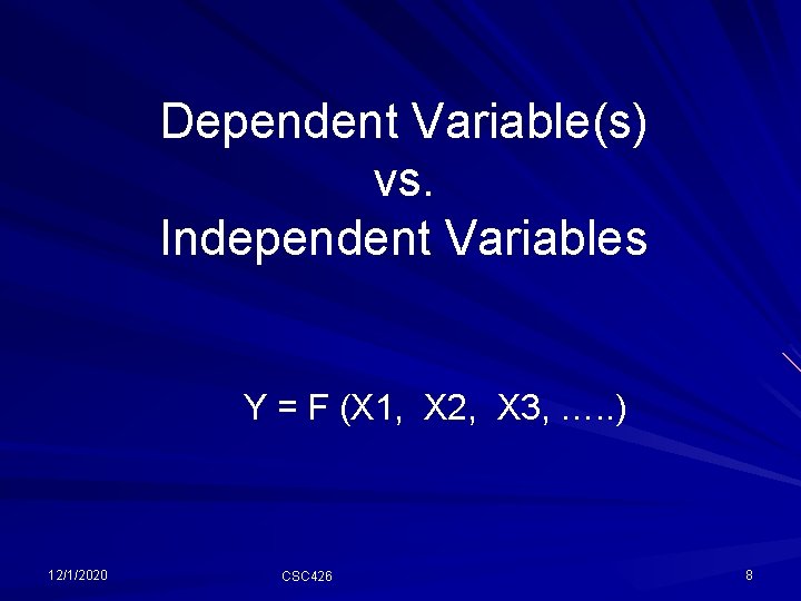 Dependent Variable(s) vs. Independent Variables Y = F (X 1, X 2, X 3, Dependent Variable(s) vs. Independent Variables Y = F (X 1, X 2, X 3,