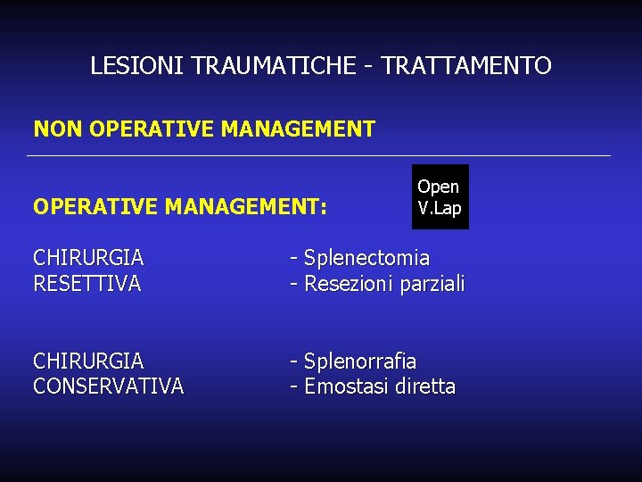 LESIONI TRAUMATICHE - TRATTAMENTO NON OPERATIVE MANAGEMENT: Open V. Lap CHIRURGIA RESETTIVA - Splenectomia