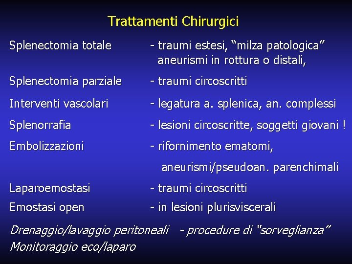 Trattamenti Chirurgici Splenectomia totale - traumi estesi, “milza patologica” aneurismi in rottura o distali,