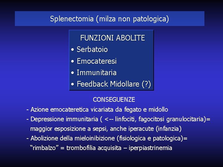 Splenectomia (milza non patologica) FUNZIONI ABOLITE • Serbatoio • Emocateresi • Immunitaria • Feedback