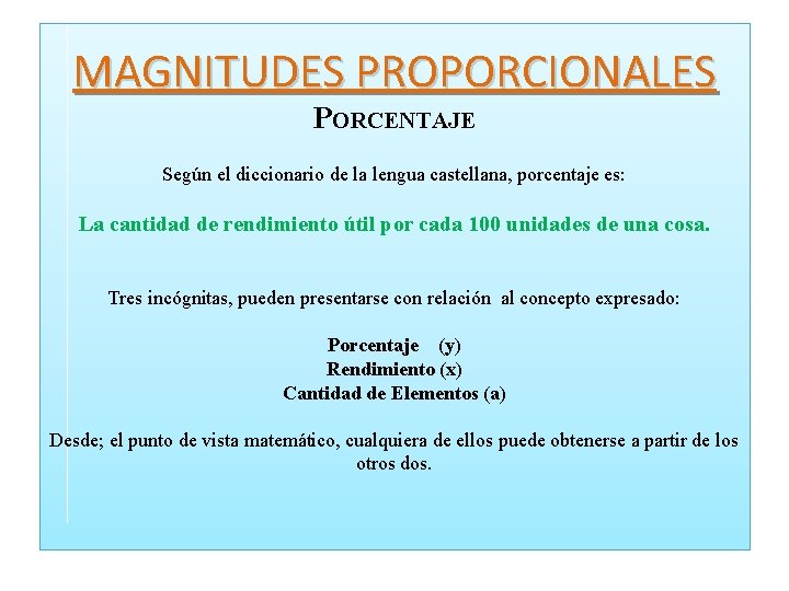 MAGNITUDES PROPORCIONALES PORCENTAJE Según el diccionario de la lengua castellana, porcentaje es: La cantidad