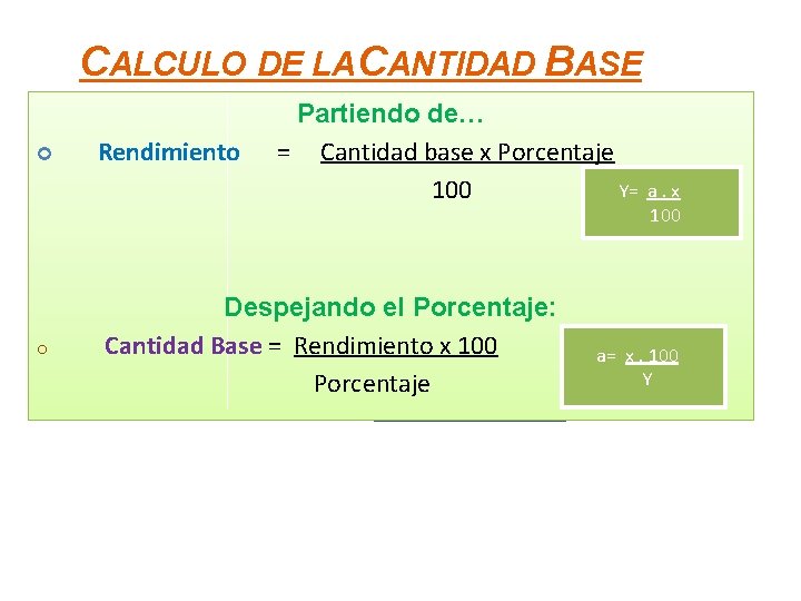 CALCULO DE LA CANTIDAD BASE o Rendimiento Partiendo de… = Cantidad base x Porcentaje