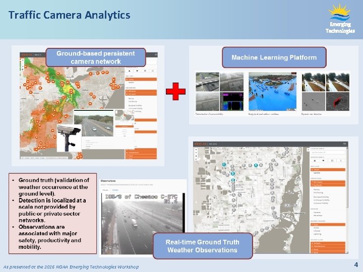 Traffic Camera Analytics As presented at the 2016 NOAA Emerging Technologies Workshop Emerging Technologies