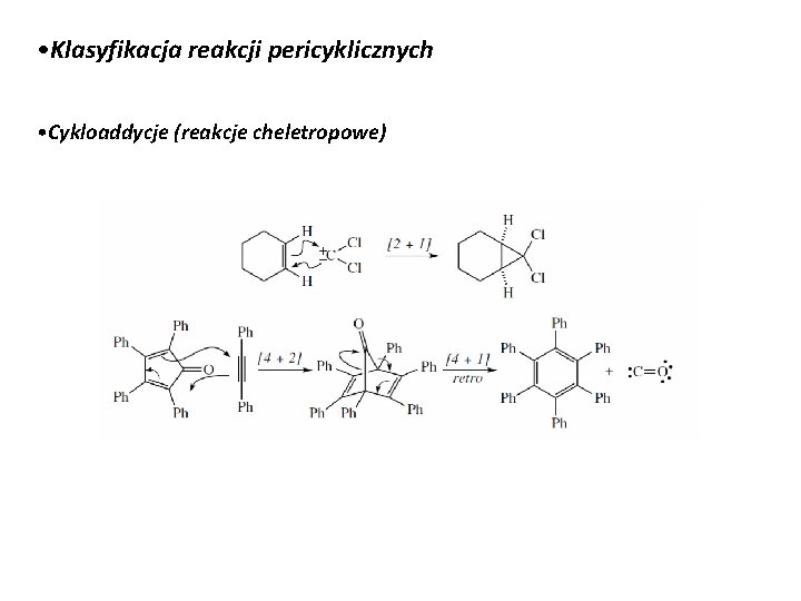  • Klasyfikacja reakcji pericyklicznych • Cykloaddycje (reakcje cheletropowe) 