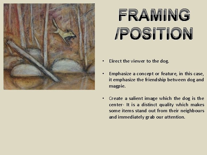 FRAMING /POSITION • Direct the viewer to the dog. • Emphasize a concept or