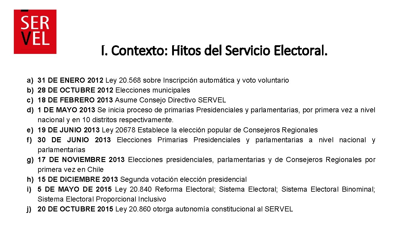 I. Contexto: Hitos del Servicio Electoral. a) b) c) d) e) f) g) h)