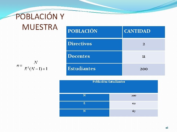 POBLACIÓN Y MUESTRA POBLACIÓN CANTIDAD Directivos 2 Docentes 11 Estudiantes 200 Población: Estudiantes N