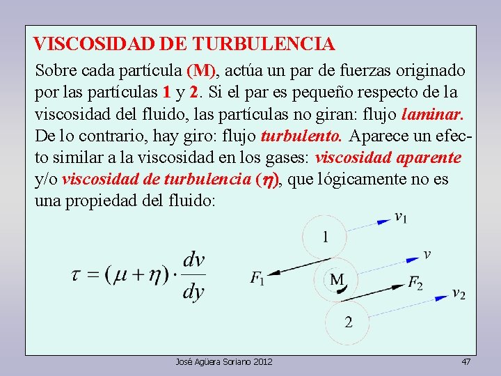 VISCOSIDAD DE TURBULENCIA Sobre cada partícula (M), actúa un par de fuerzas originado por