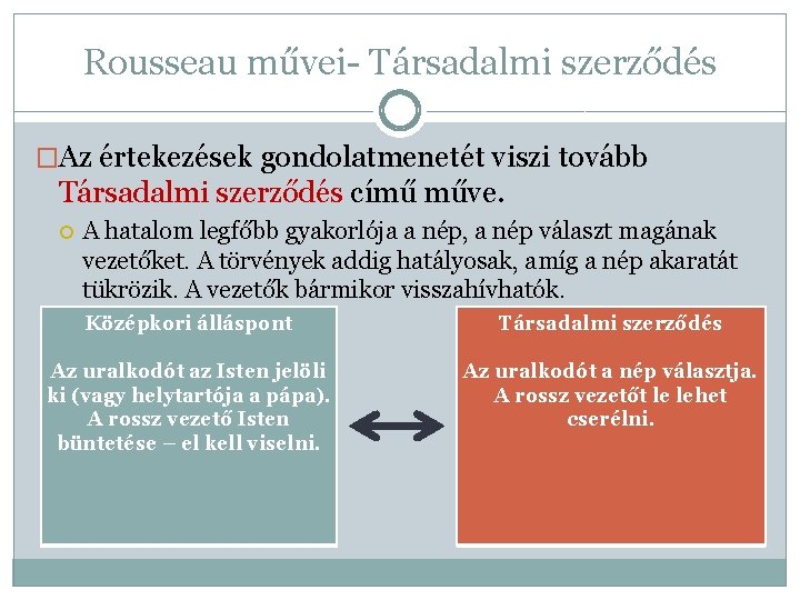 Rousseau művei- Társadalmi szerződés �Az értekezések gondolatmenetét viszi tovább Társadalmi szerződés című műve. A