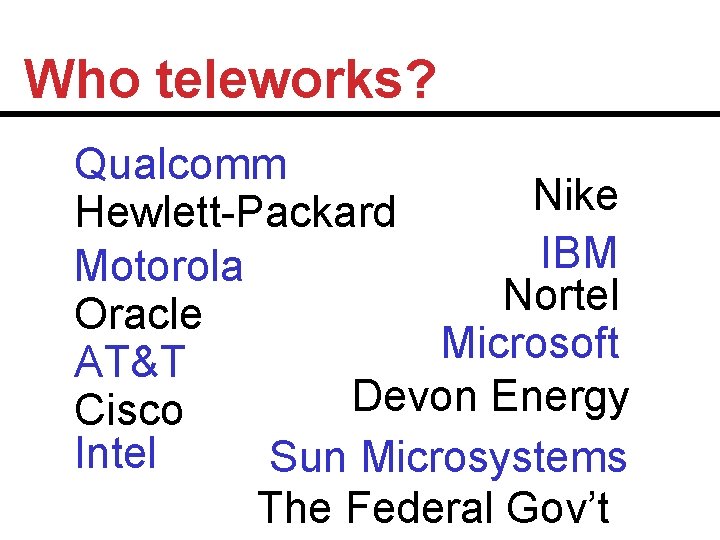 Who teleworks? Qualcomm Nike Hewlett-Packard IBM Motorola Nortel Oracle Microsoft AT&T Devon Energy Cisco