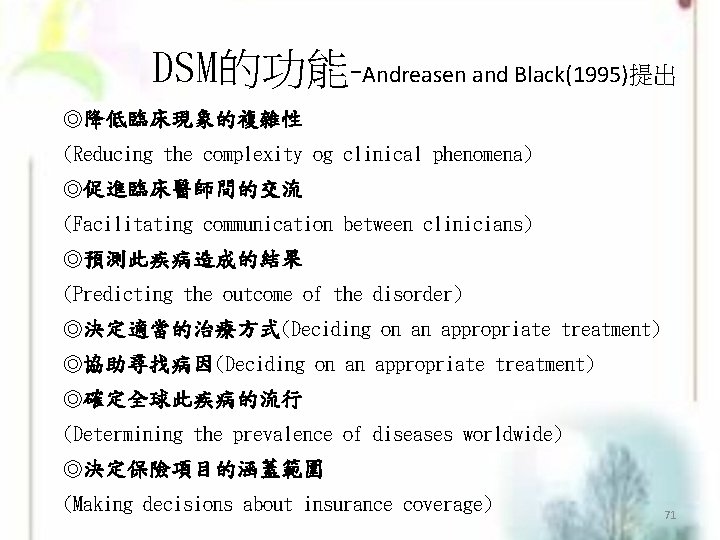 DSM的功能-Andreasen and Black(1995)提出 ◎降低臨床現象的複雜性 (Reducing the complexity og clinical phenomena) ◎促進臨床醫師間的交流 (Facilitating communication between