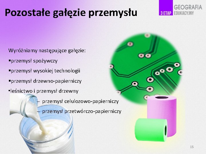 Pozostałe gałęzie przemysłu Wyróżniamy następujące gałęzie: przemysł spożywczy przemysł wysokiej technologii przemysł drzewno-papierniczy •