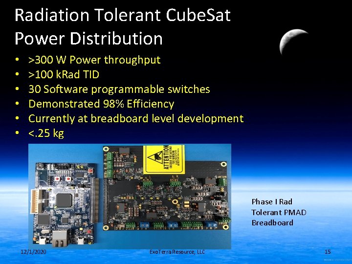 Radiation Tolerant Cube. Sat Power Distribution • • • >300 W Power throughput >100 Radiation Tolerant Cube. Sat Power Distribution • • • >300 W Power throughput >100
