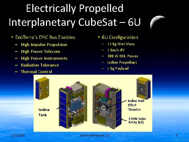 Electrically Propelled Interplanetary Cube. Sat – 6 U • Exo. Terra’s EPIC Bus Enables: Electrically Propelled Interplanetary Cube. Sat – 6 U • Exo. Terra’s EPIC Bus Enables: