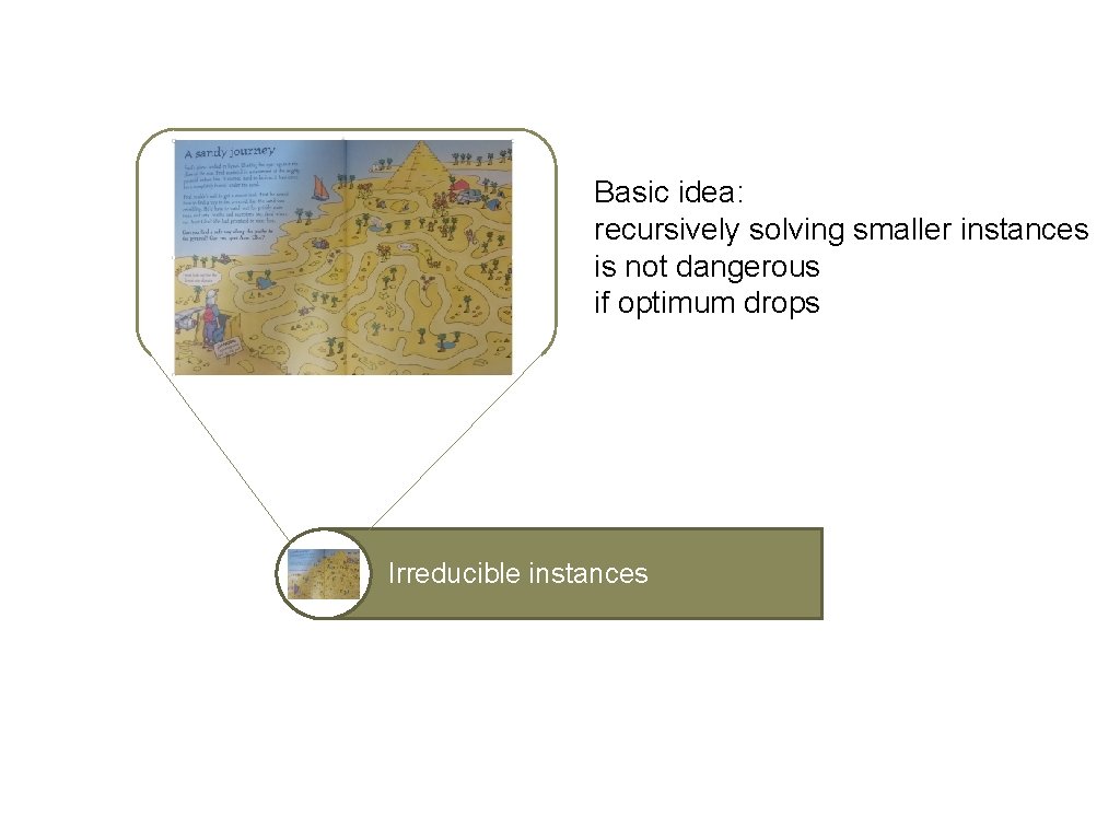 Basic idea: recursively solving smaller instances is not dangerous if optimum drops Irreducible instances