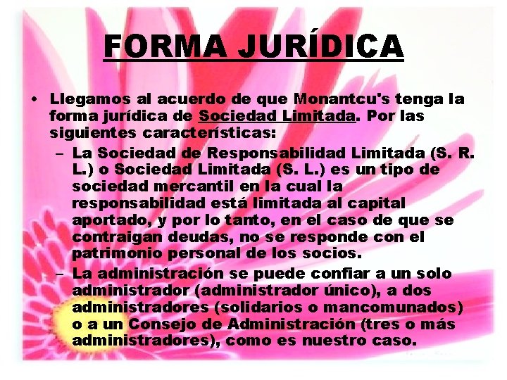 FORMA JURÍDICA • Llegamos al acuerdo de que Monantcu's tenga la forma jurídica de