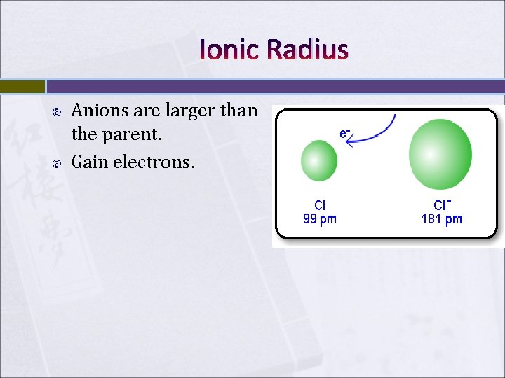 Ionic Radius Anions are larger than the parent. Gain electrons. 