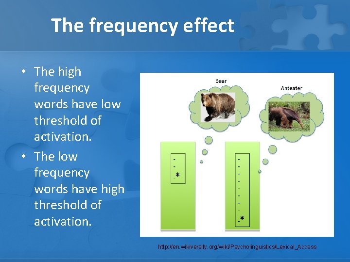 The frequency effect • The high frequency words have low threshold of activation. •